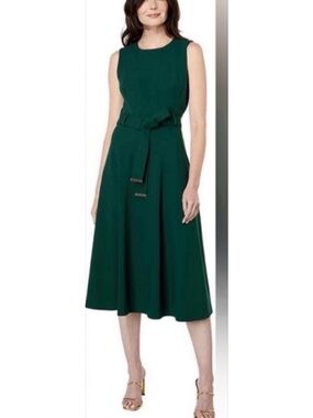Calvin Klein Forest Green Sleeveless Midi Dress with Self-Tie Belt